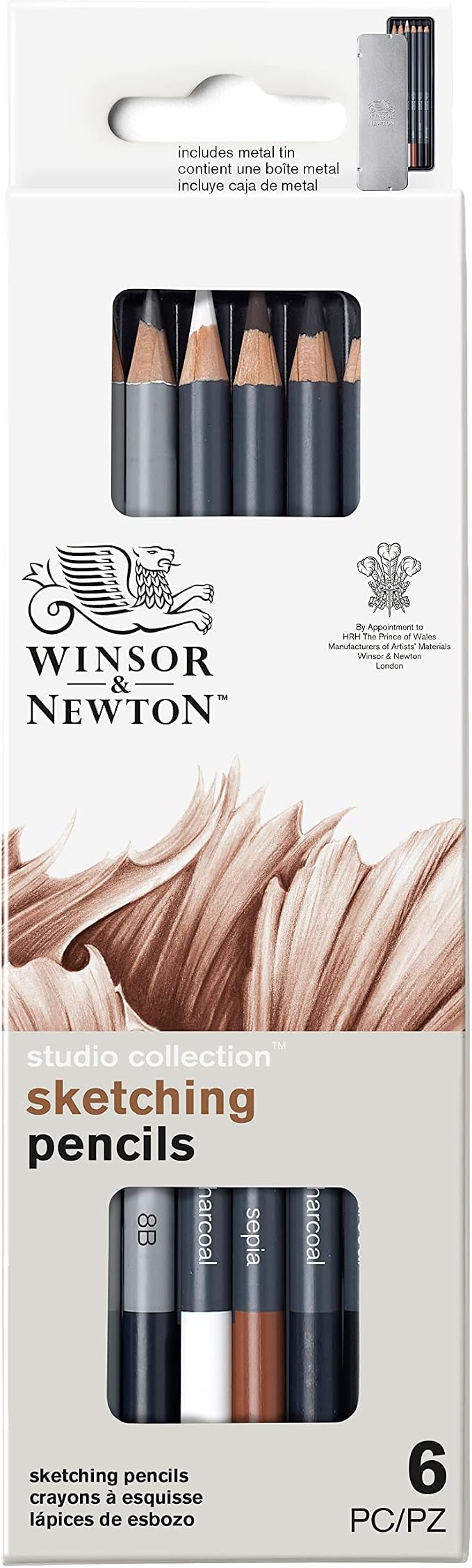 Winsor & Newton Studio Collection, Sketching Pencils, Set of 6 | Soft, Thick Core pencils, Varied Hardness, Soft Smooth Texture, Easy Blending, Stylish Metal Tin Included, High Quality Lead