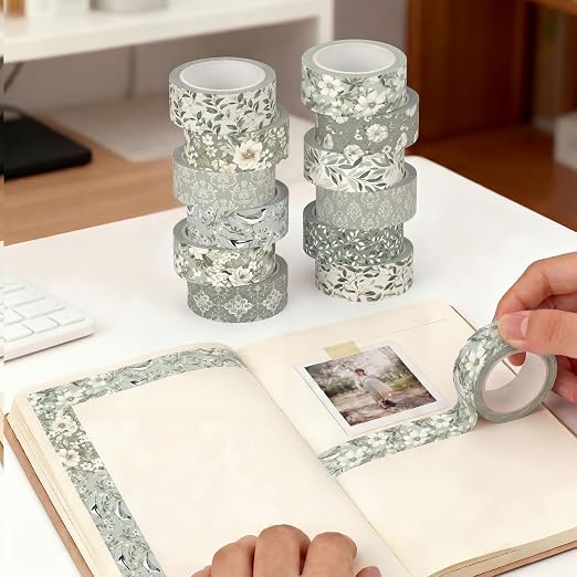 12 Rolls Floral Washi Tape Set,Sage Green,Greenery | Watercolor Flowers Design for Scrapbook Journal DIY Craft School Supplies, 15 mm Vintage Decorative Masking Washi Tapes