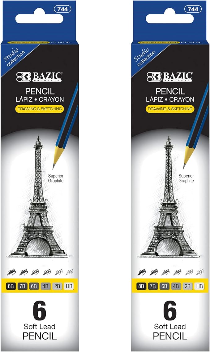 BAZIC PRODUCTS Drawing Sketching Pencils, 8B to HB Graphite, 2-Pack | graphite grades 8B to HB, full tonal range, shading, blending, line work, fine art