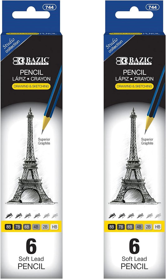 BAZIC PRODUCTS Drawing Sketching Pencils, 8B to HB Graphite, 2-Pack | graphite grades 8B to HB, full tonal range, shading, blending, line work, fine art
