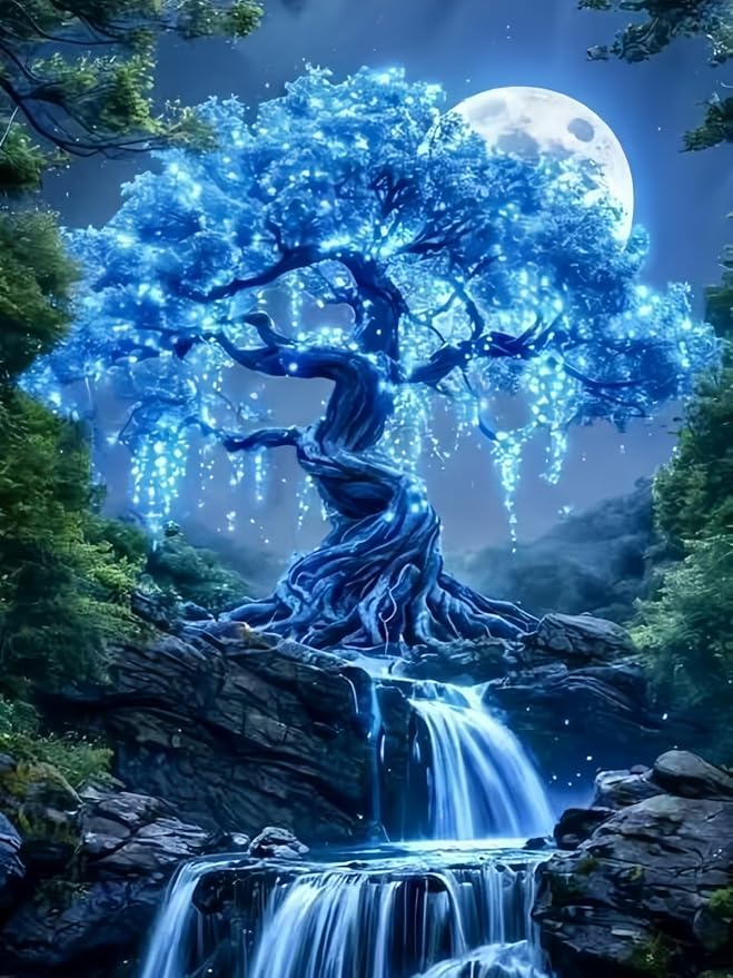 Moon Tree 5D DIY Diamond Painting Kits for Adults, Waterfall Diamond Art Kits for Beginners, Full Drill Dot Painting Gem Art Kits for Home Wall Decor11.8 x15.7 Inch