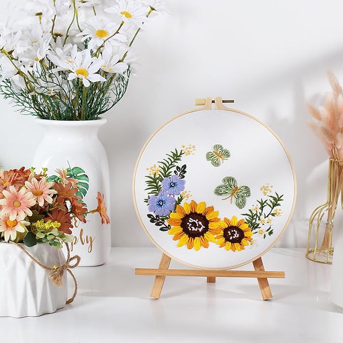 GLTAYLMY 3 Sets Embroidery Starter Kit with Pattern and Instructions, Cross Stitch Set, Stamped Embroidery Kits with 3 Embroidery Clothes with Pattern, 1 Embroidery Hoop(Sunflower)