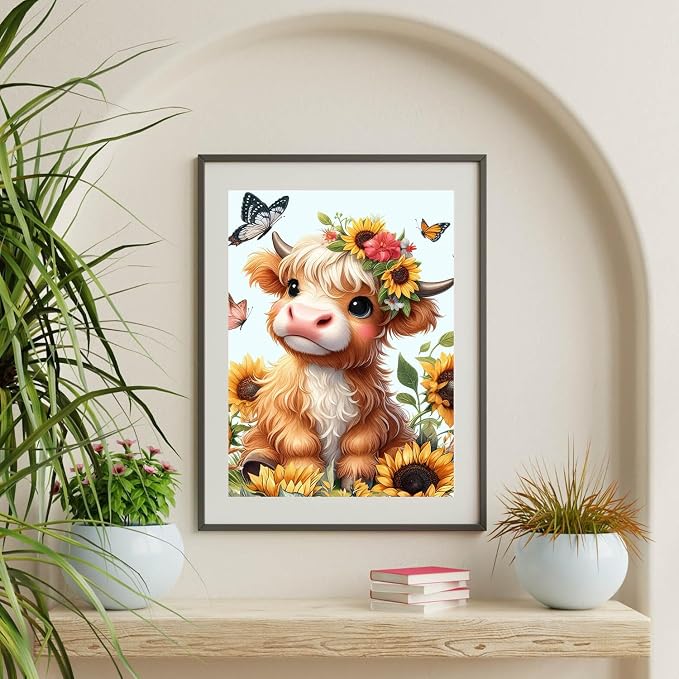 Yanfairy Highland Cow Diamond Art Kits for Adults, Round Full Drill Paint with Diamond Gem Art Crafts Kits, DIY Cow Sunflower 5D Diamond Painting Kits, Beginners Diamond Dots Wall Decor 12x16inch