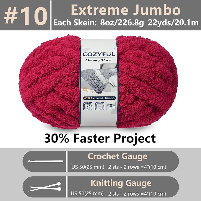 Cozyful Chunky Yarn for Hand Knitting - #10 Chunky Chenille Yarn, Jumbo Big Thick Chunky Yarns for Crocheting, Super Bulky Chunky Knit Blanket Yarns, 8 Skein (22 yds 8 oz Each Skein), Cherry Red