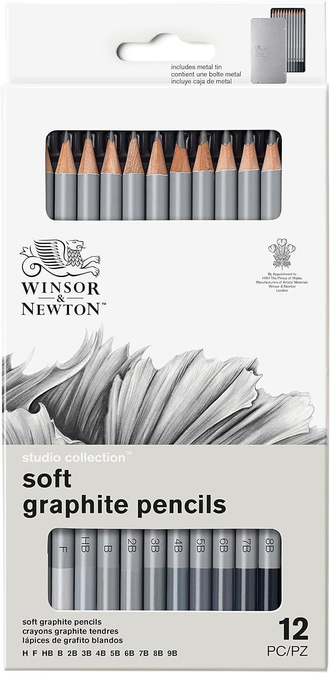 Winsor & Newton Studio Collection, Graphite Pencils, Set of 12 | Soft, Thick Core pencils, Varied Hardness, Soft Smooth Texture, Easy Blending, Stylish Metal Tin Included, High Quality Lead