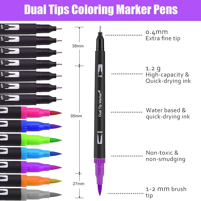 Purple Double Tip Brush Pens Art Markers,12 Colored Artist Fine Brush Pen Coloring Markers for Adult Drawing Art Craft Kit