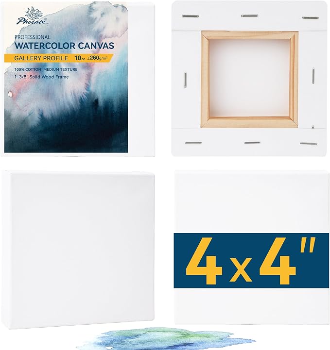 PHOENIX 4x4 Inch Gallery Depth Watercolor Canvas 4 Pack | 1.5 In Deep 100% Cotton Water Color Square Canvases for Painting, 260g Medium Texture Canvas for Water Based Paints