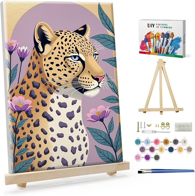 SparkGlow Leopard Paint by Numbers Kit for Adults with Frame, 8×12 Inch | Beginners Fridendly, HD Canvas, Include Easel, Vibrant Acrylic Colors, Number Painting for Gifts, Wall Decor, Relax and Fun