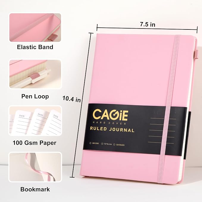 CAGIE Lined Journal Notebook, 320 Pages College Ruled Notebook, 100 Gsm Paper Thick Journal, B5 Hardcover Leather Journals for Writing Women, 7.6x10 In, Pink
