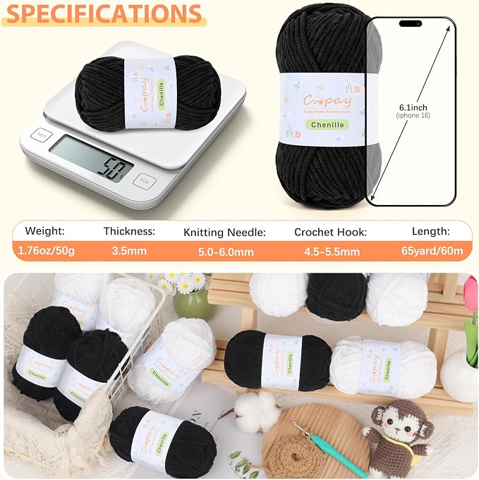 Coopay Chenille Yarn for Crochet, Medium Weight Yarn CYC #4, Black | Crochet Yarn Set - 400g Total, Soft Velvet Yarn for Colorful Crafts, Blankets, Plush Dolls, Decorative Handmade Works