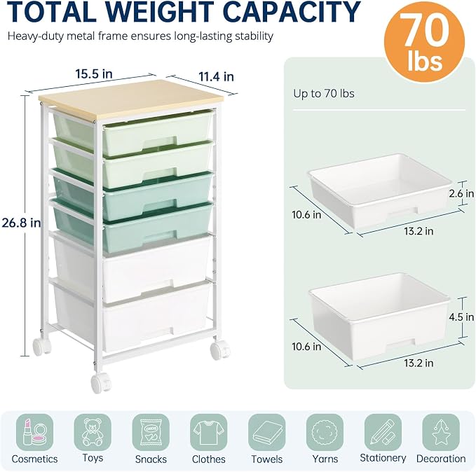 Delamu Rolling Storage Cart with 6 Drawers, Utility Craft Storage Cart | Storage Drawers Cart with Wooden Tabletop and Lockable Casters for Classroom Office Dorm Craft Art Supplie, Green