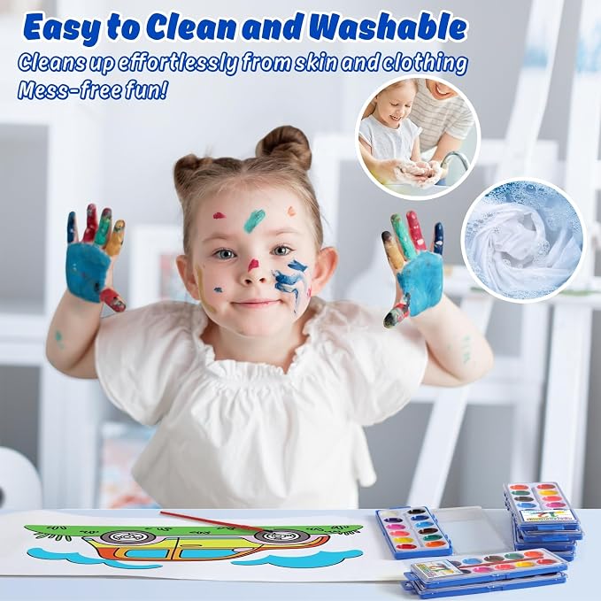 24 Packs Watercolor Paint Set Bulk, 12 Vibrant Colors Washable Watercolors with Brushes for Kids, Art Activities Painting Supplies for School Classroom Home