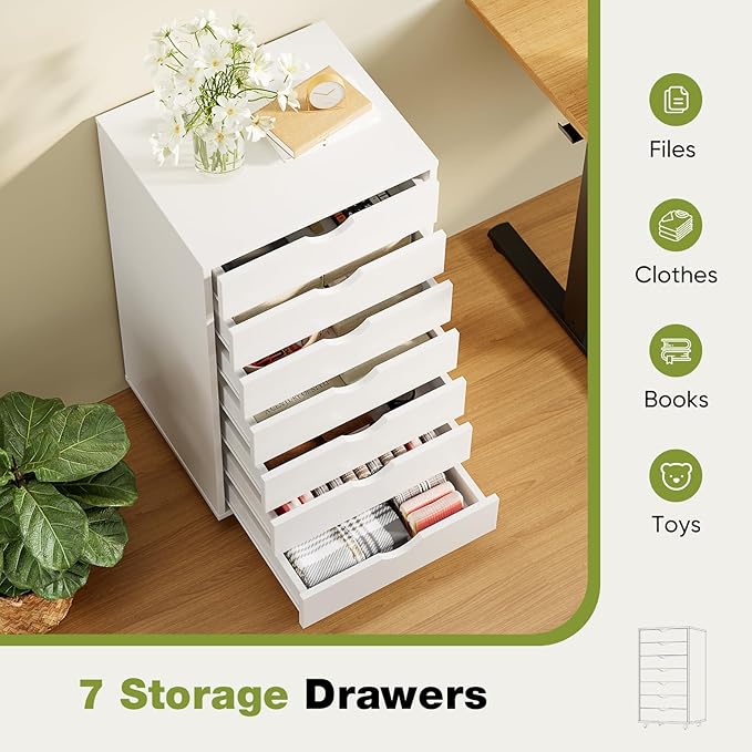 Sweetcrispy 7 Drawer Rolling Storage Cabinet, Wood Under Desk Mobile Dresser with Wheels, Small Organizer Chest for Home Office, Bedroom, Living Room, Compact Vertical Storage Furniture Unit, White