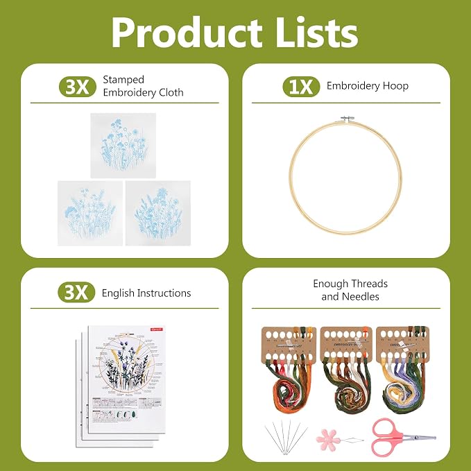 Santune 3 Pack Embroidery Kit for Beginners, Needlepoint Cross Stitch Kits for Adults,Needle Point Sets with Stamped Wild Flower Pattern Stitch Video Tutorial