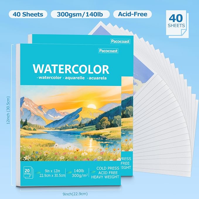 Pacocoast 9"x12" Cold Press Watercolor Paper Pad, 2Pack, Glue Bound, Teal