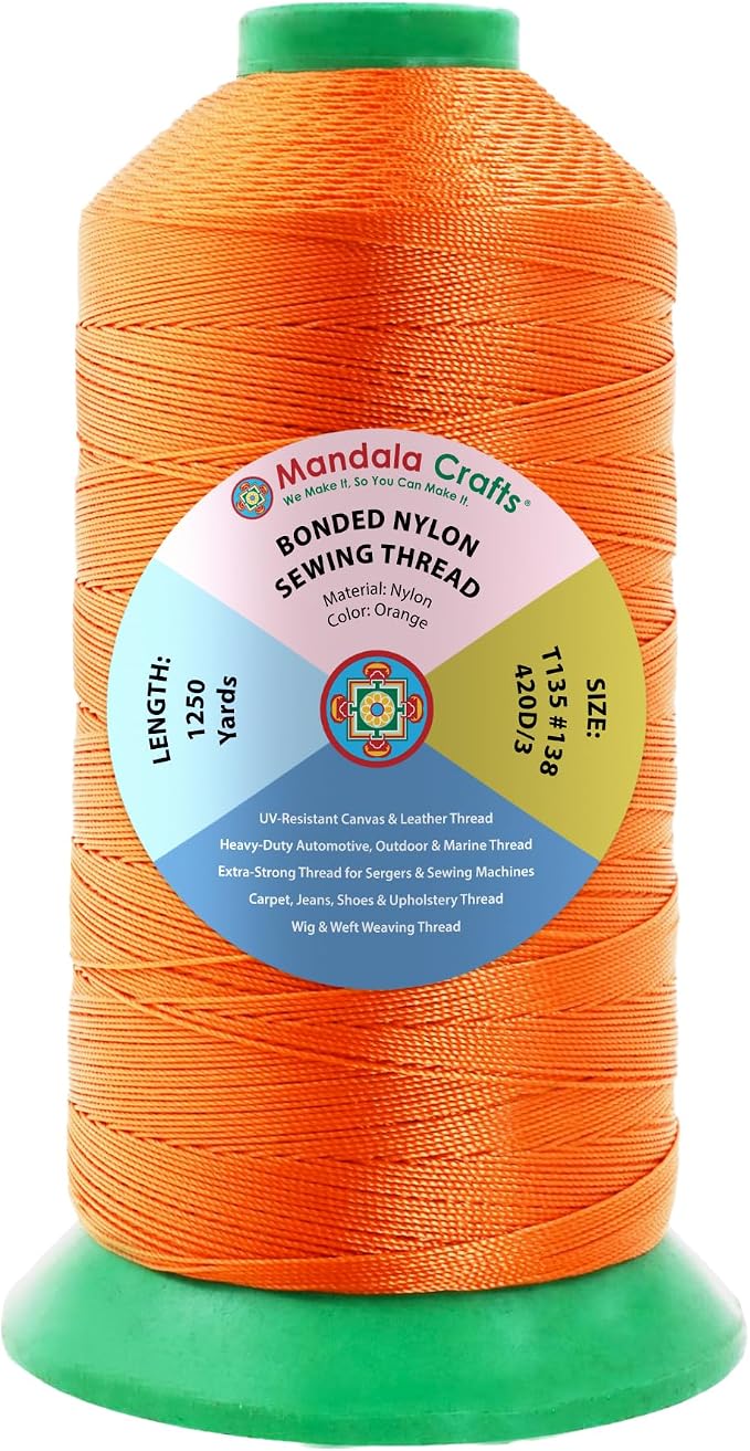 Mandala Crafts Size 138 420D T135 Orange Bonded Nylon Thread, 1250 YDs