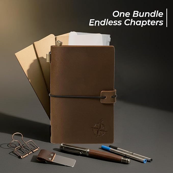 WANDERINGS Pocket Size Travelers Notebook Bundle – 4" x 5.1" (10 x 13cm) – Genuine Leather Journal with Pen Holder, Pen, 2 Ink Refills, PVC Folder & Binder Clip