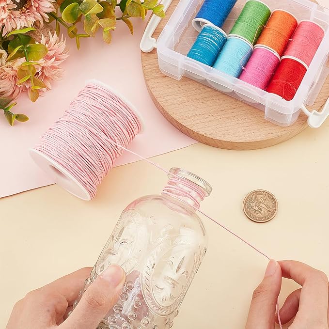 PandaHall 1 Roll 1mm 100 Yards Waxed Cotton Cord Thread Beading String for Jewelry Making Crafting Beading Macrame Pink