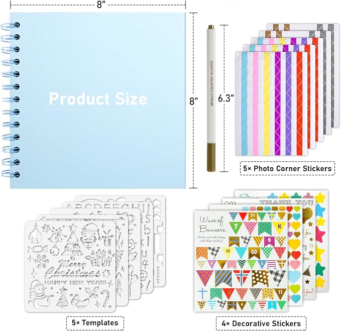 GOTIDEAL 8 x 8 Inch Scrapbook Album with Metallic Markers, Blue, 40 Pages | Kraft Paper Photo Albums for Wedding & Anniversary, Family DIY Scrap Books with Scrapbooking Stickers Corners