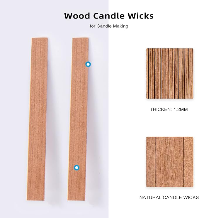 Ziosxin 100 Pieces Thicken Smokeless Cherry Wood Candle Wicks-Long Lasting Flame-Easily Burn,Candle Wick H*W*D(5.1"*0.5"*0.07"/13 * 1.3 * 0.18cm),Natural Candle Cores with Glue Dot(Without Base)