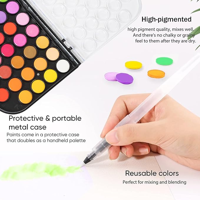 GETHPEN 48 Colors Watercolor Paint Set with 4 Brushes Pen, Travel Design | Washable Watercolor Kit with palette, 3 Brushes 1 Watercolor Brush Pens,Detachable Palette, Adults Students Artists