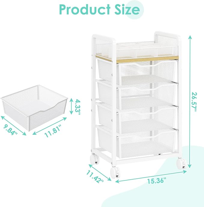 Hongtamoya Rolling Cart with 4 Drawers, Storage Cart with Dividers, White | Multifunctional Utility Cart, Storage Organizer with Lockable Wheels, Craft Art Trolley for Kitchen Office Classroom Bedroom
