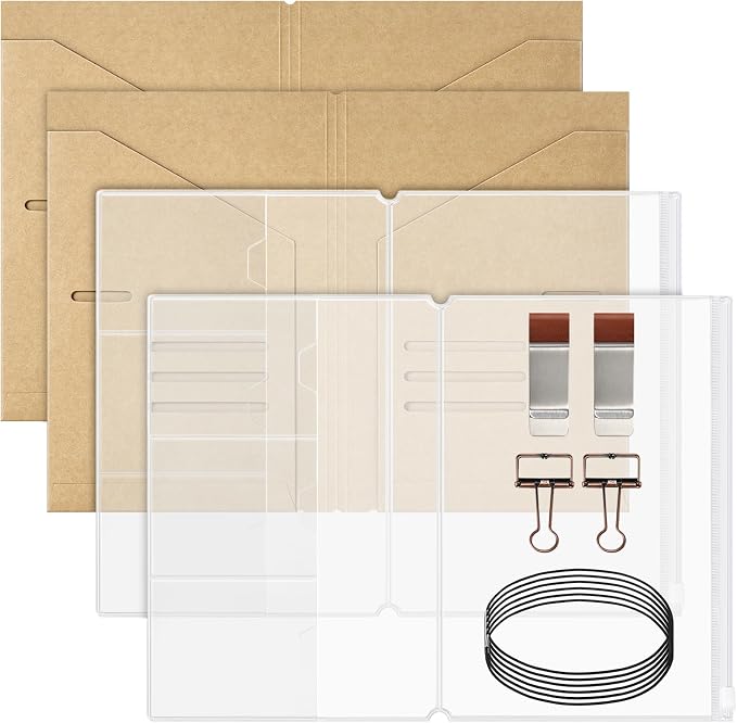 2PACK A5 Size Travelers Journal Notebook Accessories Inserts Kit | Kraft File Folders, PVC Zipper Pouches, Pen Holders, Binder Clips, Elastic Bands for Travel Journal Organizer