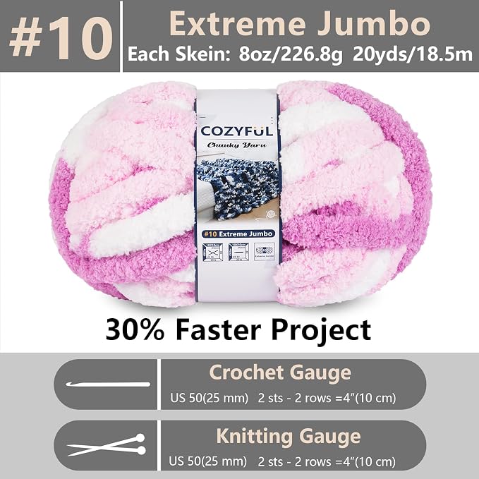 Cozyful Chunky Yarn for Hand Knitting - #10 Chunky Chenille Blanket Yarn, Jumbo Big Thick Chunky Yarns for Crocheting, Tie Dye Bulky Knit Yarns, 8 Skein (20 yds 8 oz Each Skein), White & Pink & Rose