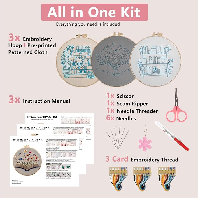 Embroidery Kit for Adults, Pre-Stamped Pattern Embroidery Kit for Beginners, Needlepoint Starter Kit with Hoop Thread Needle Instruction, 7.9'' Hoop (Book Lover 3 Packs)