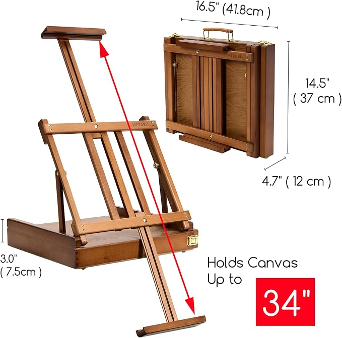 MEEDEN Portable Tabletop Easel for Painting: Artist Sketchbox | Beech Wood - Built-in Art Supply Storage Drawer - Fits 34" Canvas Panels - Adjustable Foldable Plein Air Desktop for Painters