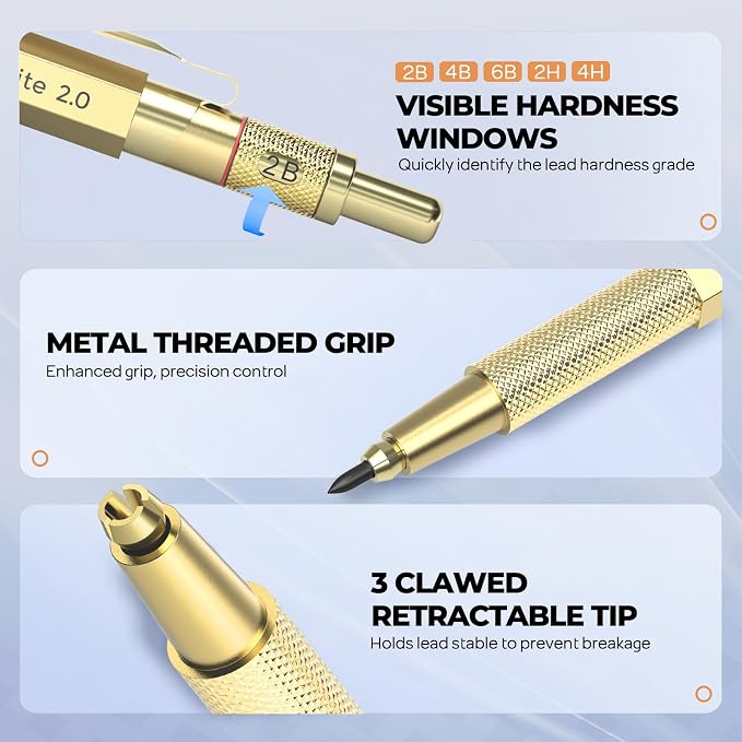 Nicpro 37PCS Gold Art Mechanical Pencil Set, 0.3/0.5/0.7/0.9/2mm Point | 360 Lead Refills(6B 4B 2B HB 2H 4H) 4 Erasers+18 Eraser Refills, Full Metal, School Supplies for Sketching Drawing Drafting