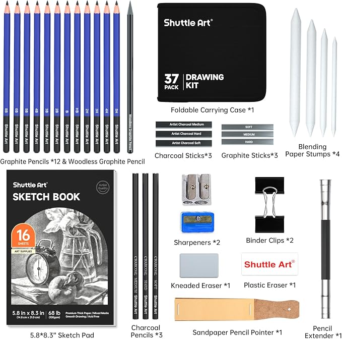 Shuttle Art Sketching and Drawing Pencils Set, 37-Piece Professional Sketch Pencils Set in Zipper Carry Case, Drawing Kit Art Supplies with Graphite Charcoal Sticks Tool Sketch book for Adults Kids