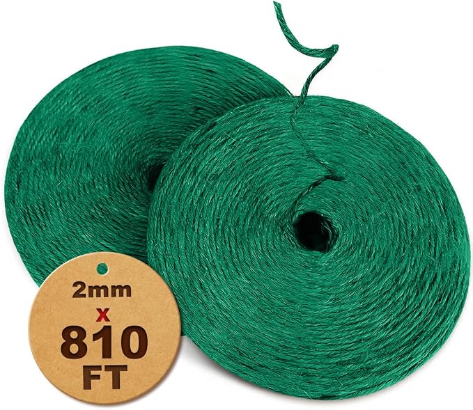 810FT Natural Jute Twine String Bulk Hemp Rope Cord for Crafts Gardening Gift Wrapping Wedding Décor Packing Material Burlap Ribbon Christmas Knitting Macrame Decoration (Green 2mm* 810ft)