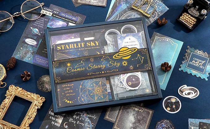 icceemee Scrapbooking Supplies Kit, Blue Starry Sky Scrapbooking Kit for Bullet Junk Journaling, Stationery, A6 Grid Notebook, Flower DIY Journaling Supplies, Birthday Craft Gift for Teen Girls