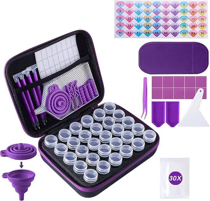 LYMUSUMI 30 Slots Diamond Art Storage Containers for Adults | Portable Bead Storage Boxes for Diamond Painting Accessories and Tools（Purple）