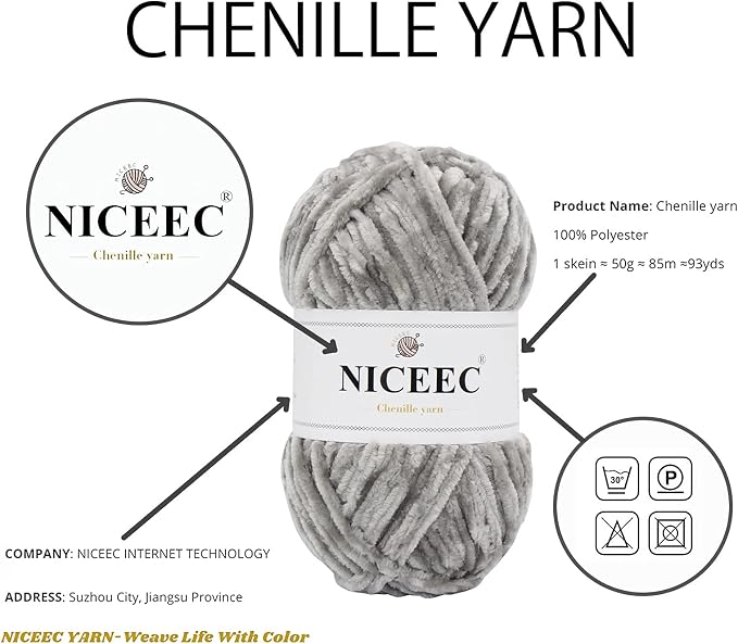 NICEEC 3 Skeins Soft Chenille Yarn 3 x85m (3X 93yds, 3X 50g)_Light Grey