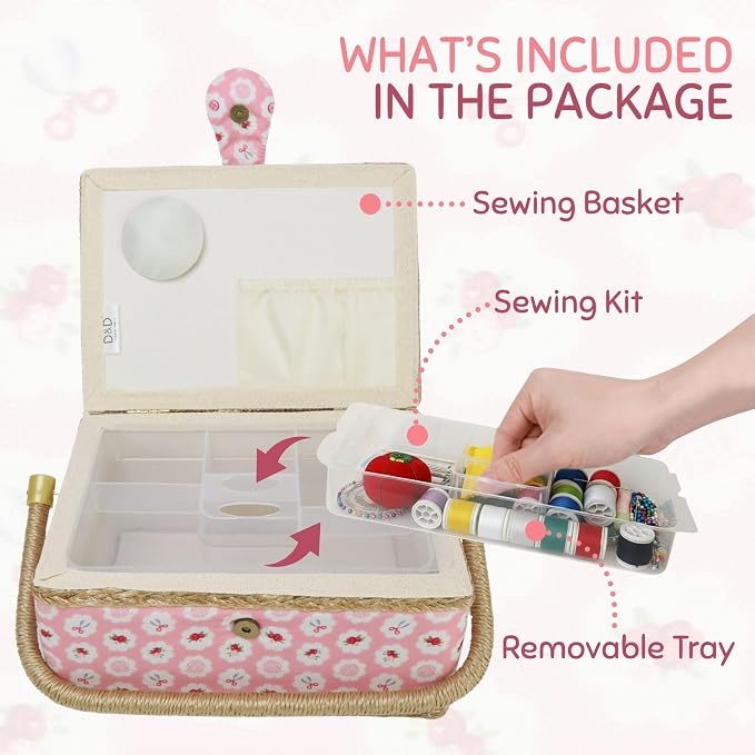 Sewing Basket with Accessories, Large Sew Storage Organizer with Complete Tools, Wooden Sew Box with Removable Tray Tomato Pincushion for Mending, Pink Rose