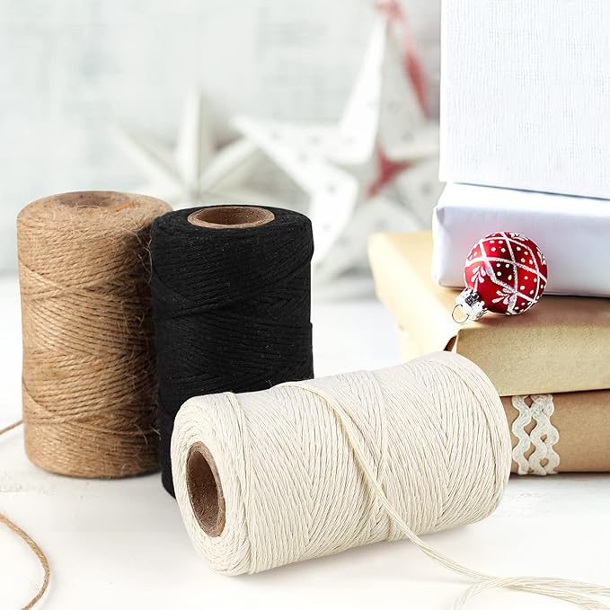 984 Ft Twine String, Natural Jute Twine, 2mm White Cotton Rope, 10ply Black Cotton for Crafts, Art, Gardening Plants, Gift Wrapping, Decoration, Packing String Bulk(3 Rolls) (Pack of 2)