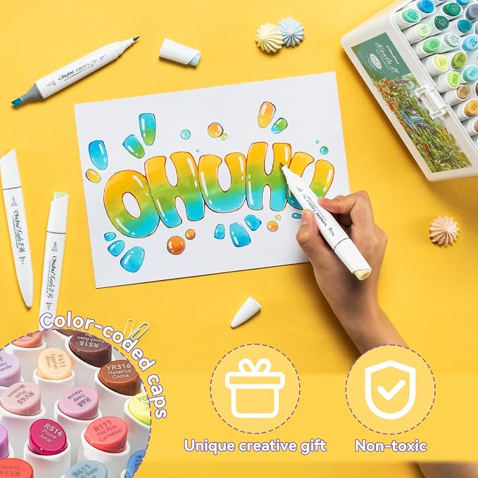 Ohuhu Alcohol Markers Mini Brush& Slim Borad 60 Colors for Adults Coloring | Dual Tips Art Marker Set for Artists Beginners Drawing Illustration, Landscape-tone Alcohol-based Refillable Ink, Kaala B
