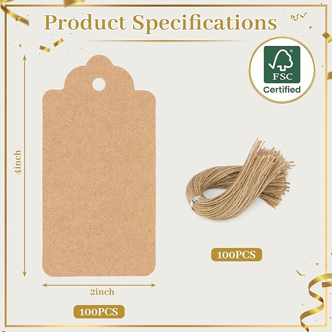 SallyFashion Large Kraft Gift Tags with String, 100 Pack 2 X 4 inch | Scalloped Edge, Natural Jute String, Pre-Punched Design, Retail Tags and DIY Bookmarks