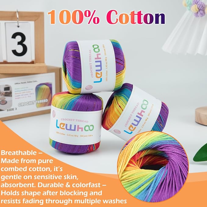 Crochet Thread Size 3, 3 Pack 100% Cotton Lace Yarn Set Rainbow
