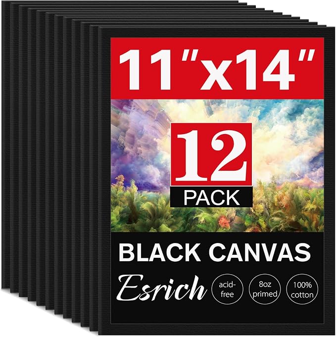 12 Pack Black Canvas for Painting 11x14 Inch, Canvas Boards for Painting, Cotton Primed Acid Free Blank Canvas Panels for Oil, Acrylic Paint and Tempera.