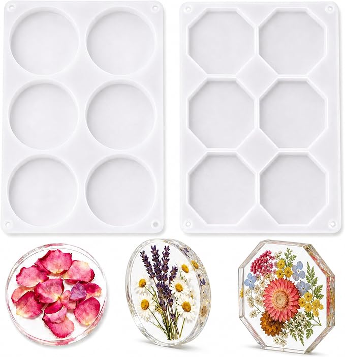 2 Pack Coaster Molds for Epoxy Resin, Round and Octagon Silicone Molds | 12 Cavities Deep Resin Coaster Molds for Flower Bouquet Preservation, DIY Art Crafts & Home Decor