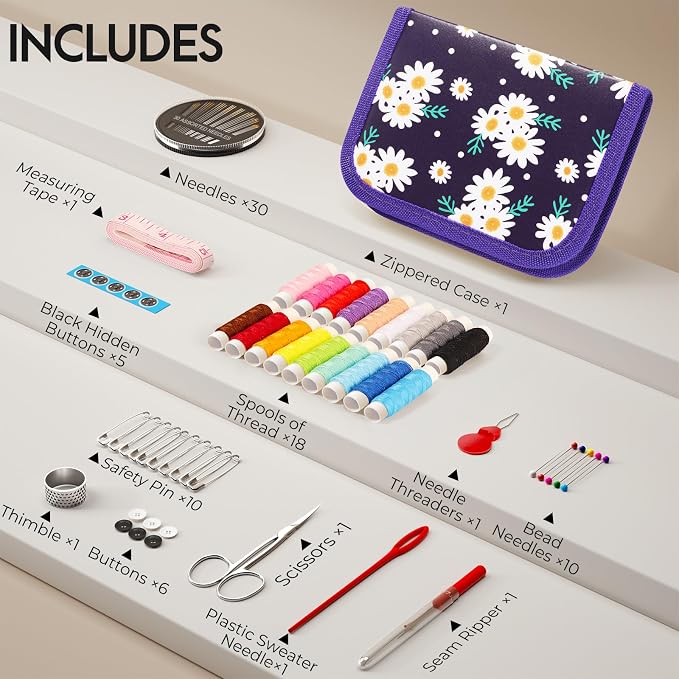 Coquimbo Sewing Kit Gifts for Kids Mom Grandma Adults Beginner Traveler, Portable Sewing Supplies Accessories Contains Thread, Needle, Scissors, Measure Tape, Thimble (Daisy)