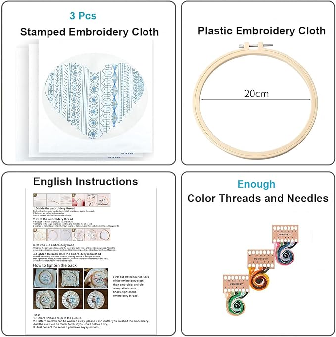 Konrisa Easy Embroidery Kit for Beginners Stamped Embroidery Starter Kit DIY Sewing Needlepoint Cross Stitch for Adults, Stitch Practice Kit 3 Embroidery Fabric Pattern