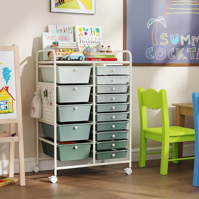 Giantex 15 Drawer Storage Cart, Rolling Craft Cart with Metal Tabletop & Pegboard, Mobile Utility Organizer Trolley with Locking Wheels, Home Office, Classroom, Teacher Supplies, Green Gradient
