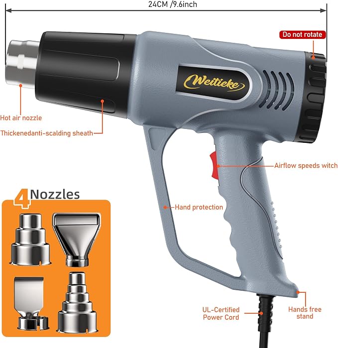 Heat Gun，572℉& 1112℉ Dual Temperature Control Heat gun', Overload Protection with 4 Nozzles for Crafting, hot air gun，Shrink Wrapping, Phone Repair, Epoxy Resin