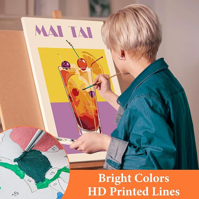 Fountor 6 Pack Paint by Numbers Kit for Adults Beginner, Cocktail Adult Paint by Number Kits on Canvas Without Frame, Cocktail Oil Painting by Numbers for Home Decor Gift 8” W x 12”L