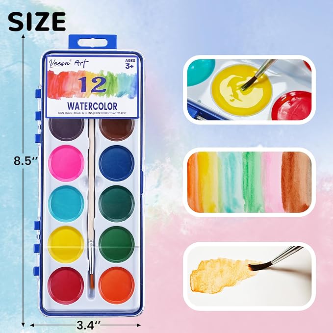 VEESA 12-Colors Watercolor Paint Set for Kids, 12 Pack，Washable | Non-Toxic, Wood Brushes Included, for Classroom, Party Favors, Birthday Gifts