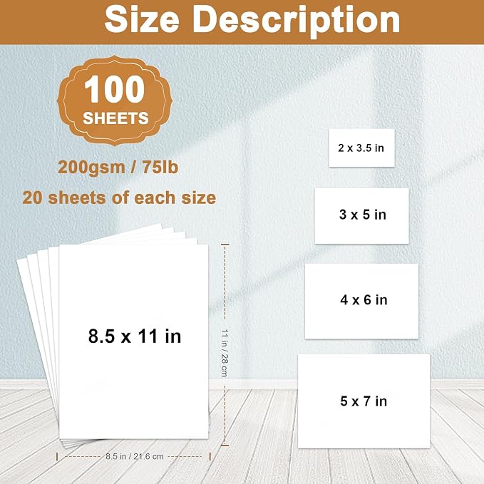 Silunkia 100 Sheets White Cardstock 5 Assorted Sizes Craft Paper 75lb
